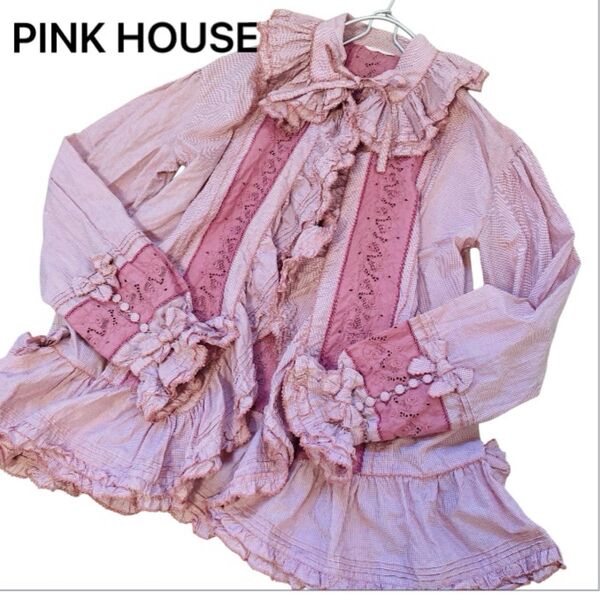 ピンクハウスPINKHOUSE 豪華リボンフリル ブラウス 長袖 ピンク 襟 袖レース
