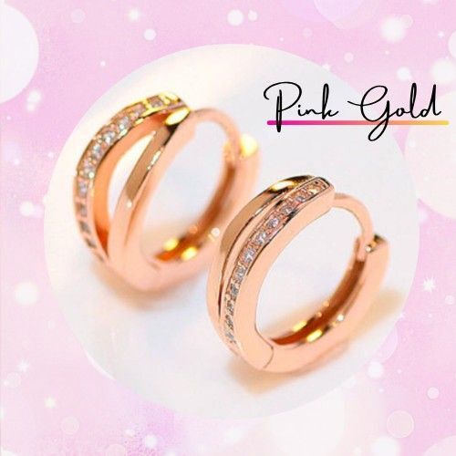【新品】フープピアス ラインストーン ピンクゴールド 11mm 両耳 2連風 ダブル レディース キャッチレス 小ぶりピアス