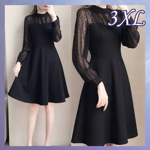 【新品】ワンピース 3XL 4L 黒 ブラック 大きいサイズ Aライン フレアスカート 異素材MIX ドット 水玉 レース 細見え