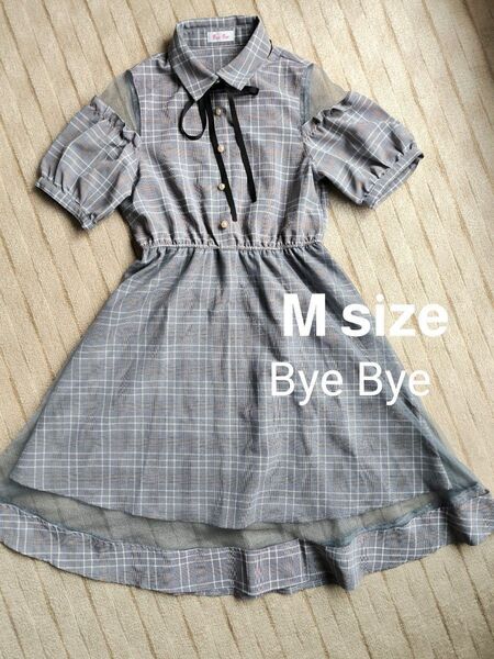 ☆Bye Bay ワンピース☆Mサイズ シースルー☆リボン チェック柄☆バイバイ グレー 灰色☆ 半袖