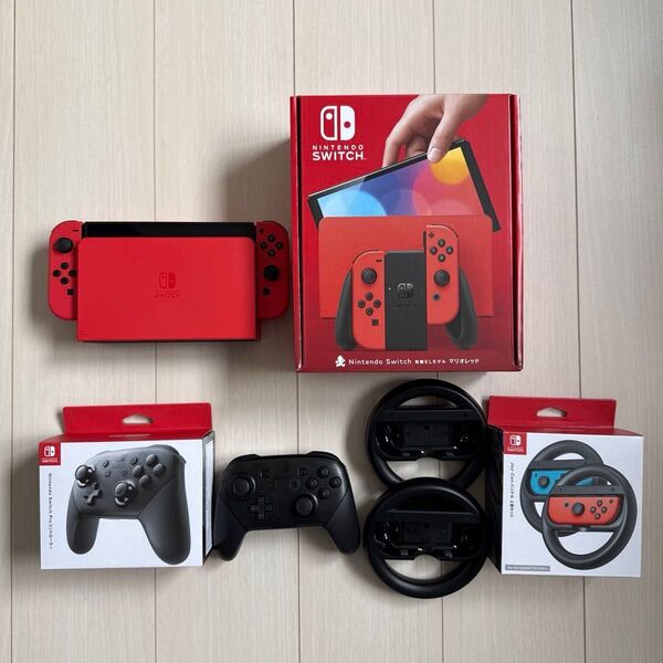 Nintendo Switch 有機ELモデル マリオレッド、純正プロコン、純正ジョイコンハンドル2個セット、セット販売