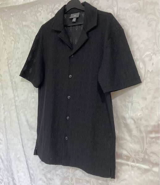 【美品 H&M】レギュラーフィット レース リゾートシャツ クロシェ XS S M ブラック メンズ レディース テーラード