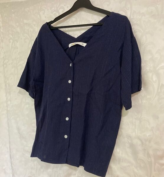 【良品 ロユタ】Vネック リネン混 ブラウス シャツ 半袖 M L ネイビー 涼しい 薄手 ストライプ