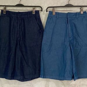 【美品に近い GU】ライト デニム バミューダパンツ S ネイビー ブルー 綿100 ハーフパンツ