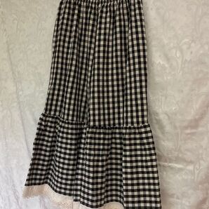 【良品〜美品に近い chouchou】ギンガムチェック ワイド パンツ ガウチョ レース ペチパンツ M L ブラックウエストゴム