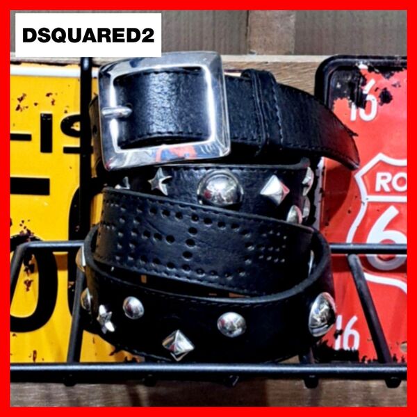 Dsquared2 ディースクエアード スタッズ パンチングロゴ レザー ベルト メンズ M ブラック