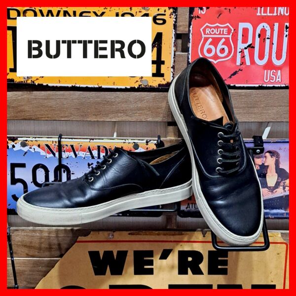 定価5.7万 BUTTERO ブッテロ TANINO ローカット レザー スニーカー 43 ブラック 28㎝ ベビーカーフ