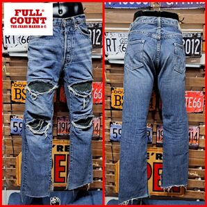 FULLCOUNT フルカウント クラッシュ レザーリペア加工 カモメステッチ デニム ジーンズ 30