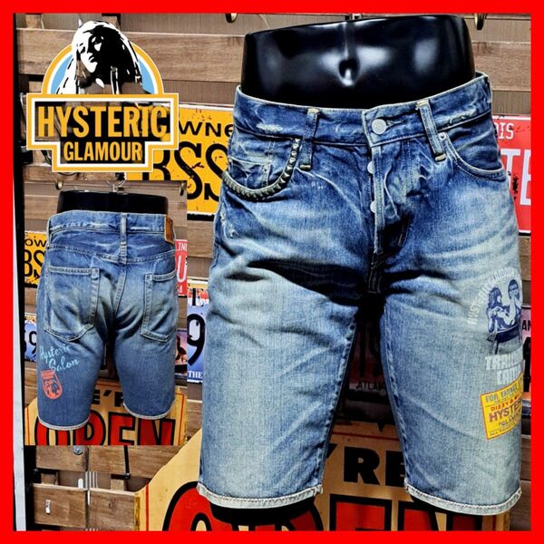 HYSTERIC GLAMOUR ヒステリックグラマー SP加工 カレッジプリント ショートデニム 31 セルビッチ
