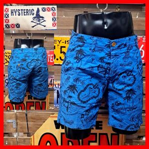 HYSTERIC GLAMOUR ヒステリックグラマー ストレッチ ハワイアン アロハ 総柄 ショートパンツ L ブルー