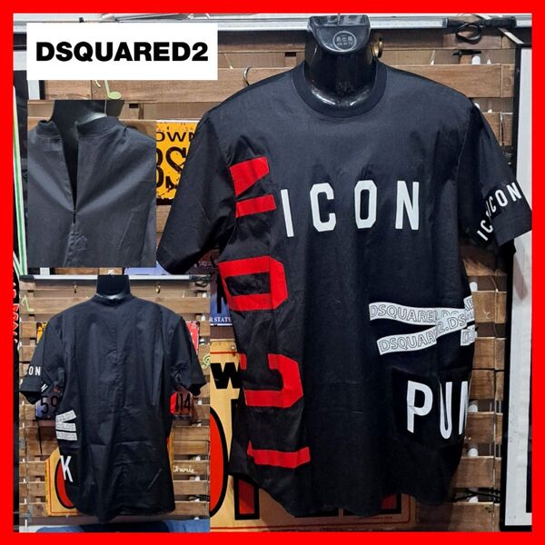 Dsquared2 ディースクエアード ICON アイコン ストレッチ バックジップ マルチロゴプリント Tシャツ 48 ブラック