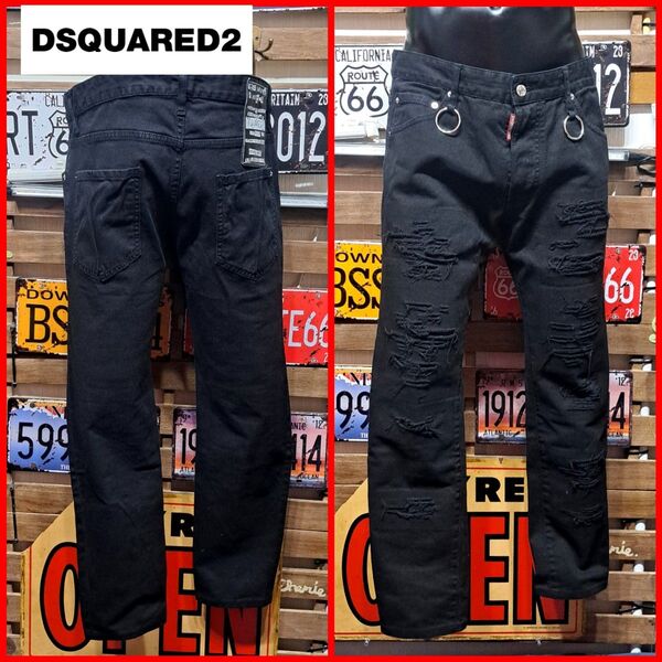 大きなサイズ! Dsquared2 ディースクエアード ストレッチ シルバーリング スキニーダンジーンズ ブラックデニム 52