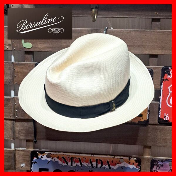 大きなサイズ! Borsalino ボルサリーノ 天然草 中折れ パナマハット 59 アイボリーホワイト