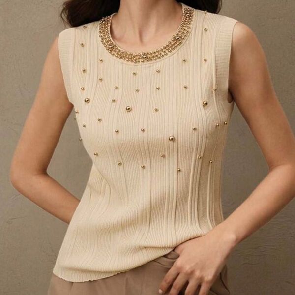 Anewsta ノースリーブ ビーズ付き ニット タンクトップ アプリコット SHEIN ゴールド