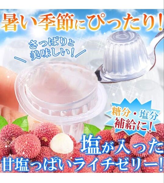 【暑い季節にぴったりの一口ゼリー】さっぱりと美味しいソルティライチゼリーです。適度な塩味で後味さわやか!!甘塩っぱい味のゼリー