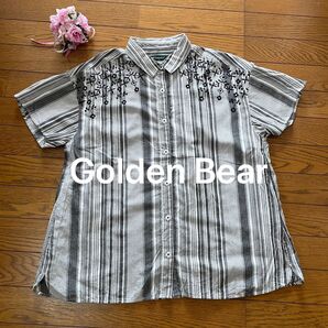 ★Golden Bear ★ゆったり 森ガールストライプ 刺繍半袖シャツ M インド製 綿100% チェック