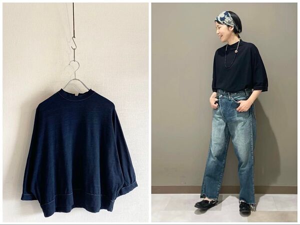 美品 2024春夏 45R スーピマ天竺のドルマンTシャツ インディゴ ゆったり 日本製 45rpm
