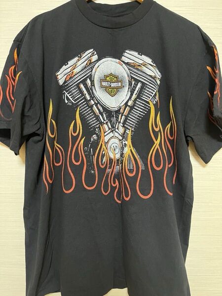 HARLEY-DAVIDSON ブイツーエンジン ファイアーパターン Tシャツ 黒 XLサイズ