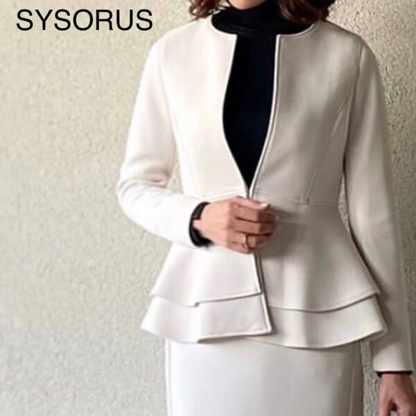 美品 SYSORUS シソラス ティアードジャケット ノーカラー ペプラム エアロダンボール オフホワイト 38