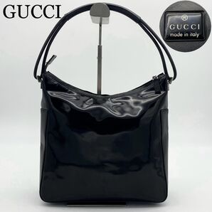 GUCCI ワンショルダー ロゴプレート エナメル×レザー ハーフムーン 黒