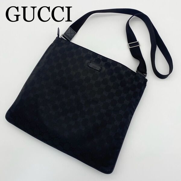 GUCCI ショルダーバッグ GG柄 キャンバス×レザー ブラック ロゴプレート
