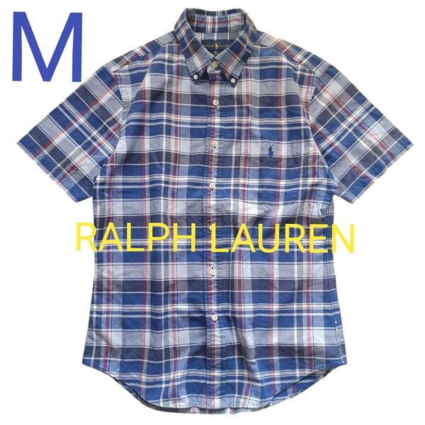 RALPH LAUREN ラルフローレン ボタンダウン 半袖シャツ 綿100% スリムフィット チェック メンズ ブルー 春夏