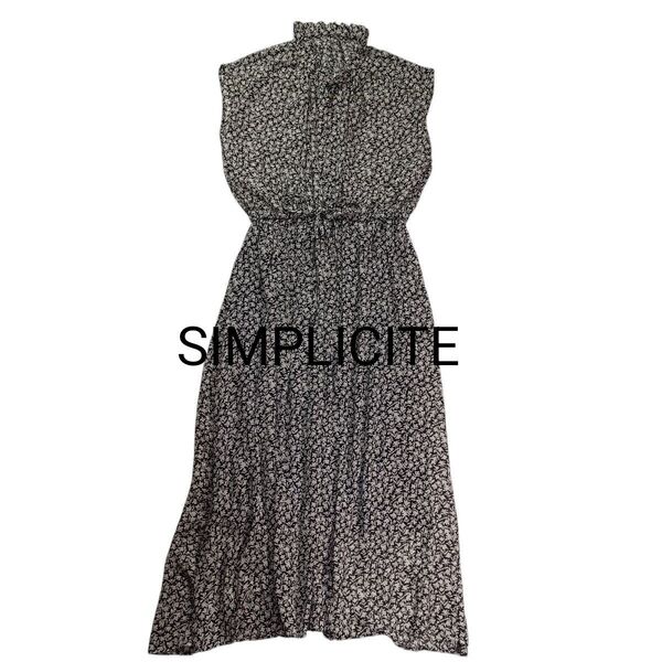 SIMPLICITE シンプリシテェ スタンドカラーフリルシフォンワンピース 花柄 ウエストゴム 春夏 上品 ロングワンピース