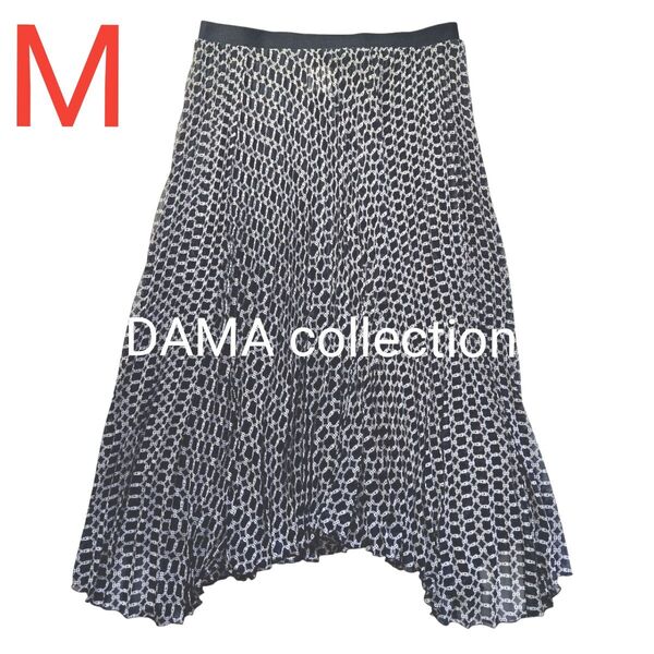 DAMA collection ダーマコレクション アシンメトリープリーツシアースカート 総柄 紺 ネイビー ウエストゴム 上品