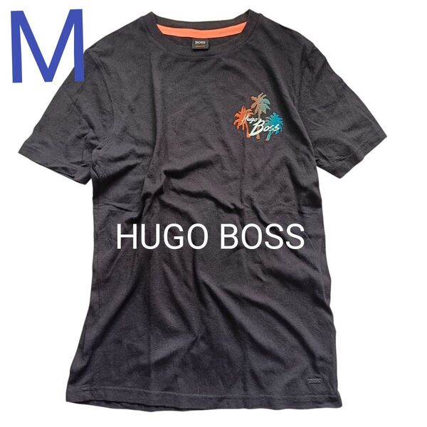 クールな一枚 HUGO BOSS ヒューゴボス 半袖Tシャツ プリント M 黒 ブラック 綿100%