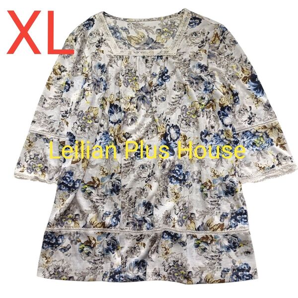 Leilian Plus House 快適な着心地 花柄カットソー ベージュ レリアンプラスハウス 13+ XL七分袖