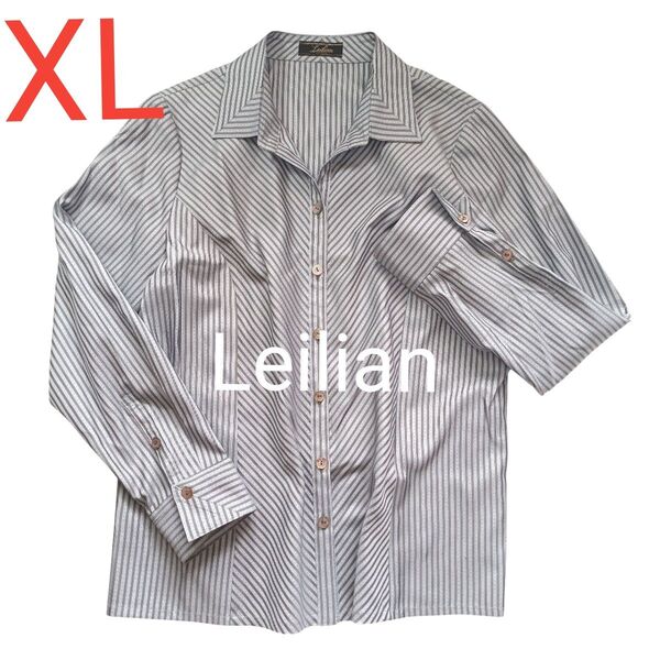Leilian レリアン 上品ストライプシルクブラウス キレイめシャツ グレー 長袖 ポリエステル オフィスカジュアル