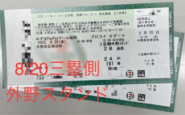 2025年8月20日(水)福岡ソフトバンクホークス対埼玉西武ライオンズ戦 チケット2枚