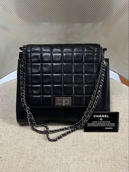 CHANEL ターンロック 2.55 チョコバー チェーン ショルダー ラムスキン ブラック ショルダーバッグ シャネル