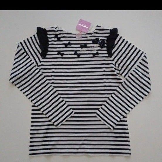 メゾピアノジュニア 150 肩フリル ボーダー Tシャツ カットソー 長袖 トップス リボン 新品 タグ付き