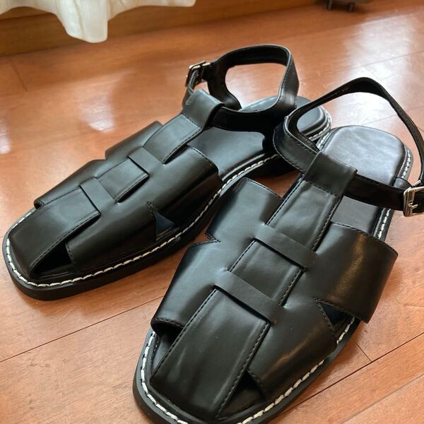レザー 編み込み グルカサンダル ブラック