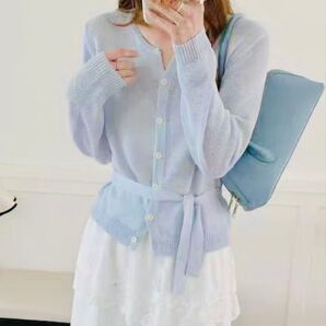 カーディガン 水色 リボンベルト付き