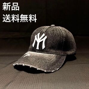 大トレンド★ビンテージライクデニム NYベースボールキャップ CAP 帽子 ブラック■ストリート好きな方へオススメ \SALE中/