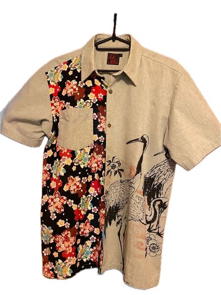 泥棒日記 鶴 花柄シャツ 半袖 Mサイズ