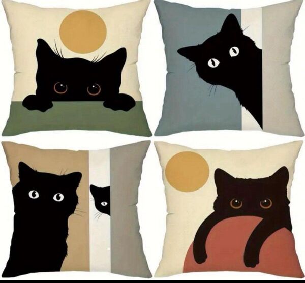 クッションカバー ネコ柄 4点 黒猫45×45 北欧 猫 新品 インテリア 猫 おしゃれ ねこ ネコ クッションカバー