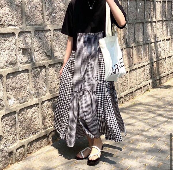 ロングワンピース フレアスカート ギンガムチェック ティアード モード系きれいなシルエット着心地もいいドッキングワンピース