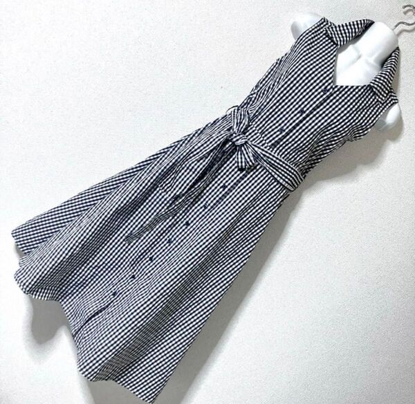 ROYAL PARTY チェックロングワンピース ノースリーブ黒 白 スキッパー