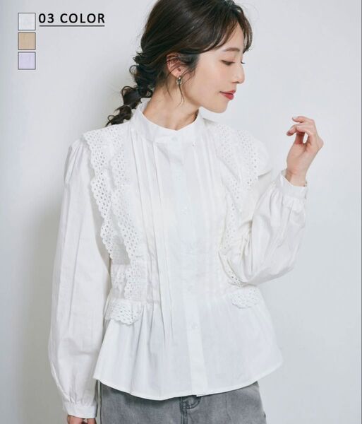 【 BASEMENT online 】 刺繍ペプラムブラウス 長袖 フリーサイズ