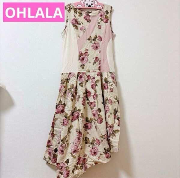 【 OHLALA 】 フラワープリント ノースリーブワンピース アシンメトリー