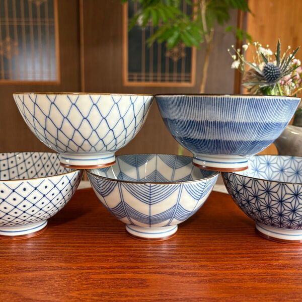 美濃焼 飯碗 5個セット 五客揃 総柄 内絵 外絵 網模様 十草 矢絣 麻の葉 ご飯茶碗 和食器 陶器 茶碗 夫婦茶碗