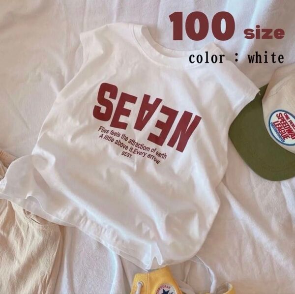 ホワイト 100 ロゴTシャツ カジュアル キッズ シンプル 子供 カットソー トップス 夏 ノースリーブ お揃い 着回し