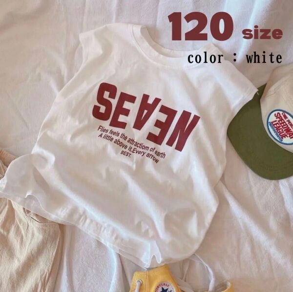 ホワイト 120 ロゴTシャツ カジュアル キッズ シンプル 子供 カットソー トップス 夏 ノースリーブ お揃い