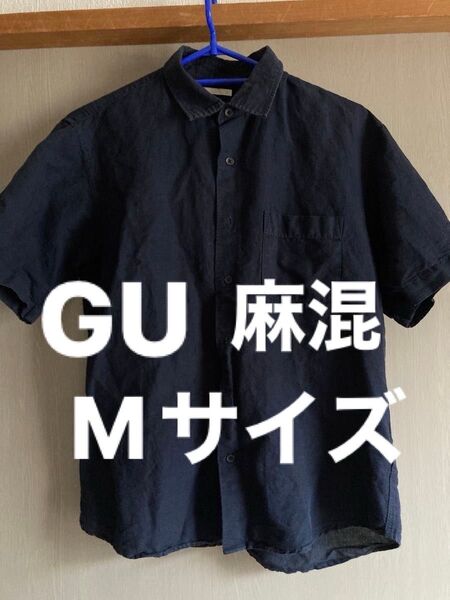 襟付きシャツ 半袖 半袖シャツ リネンシャツ ネイビー GU 麻混 リネン 涼しい カジュアルシャツ