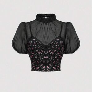 新品未使用 SHEIN MOD 女性用メッシュコントラストパフスリーブ フローラルシャツ