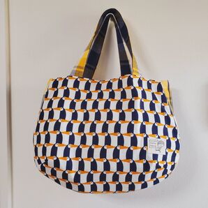 ハンドメイド 普段使いのマチたっぷりラウンドトートバッグ 鳥さん×タータンチェック 手作りバッグ 新品