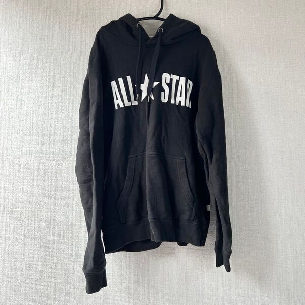 converse オールスター 長袖 パーカー 黒 フード プルオーバー スウェット ロゴ 英字